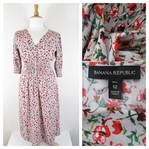 Banana Republic Red & Grey Floral V Neck Midi Dress L Tall